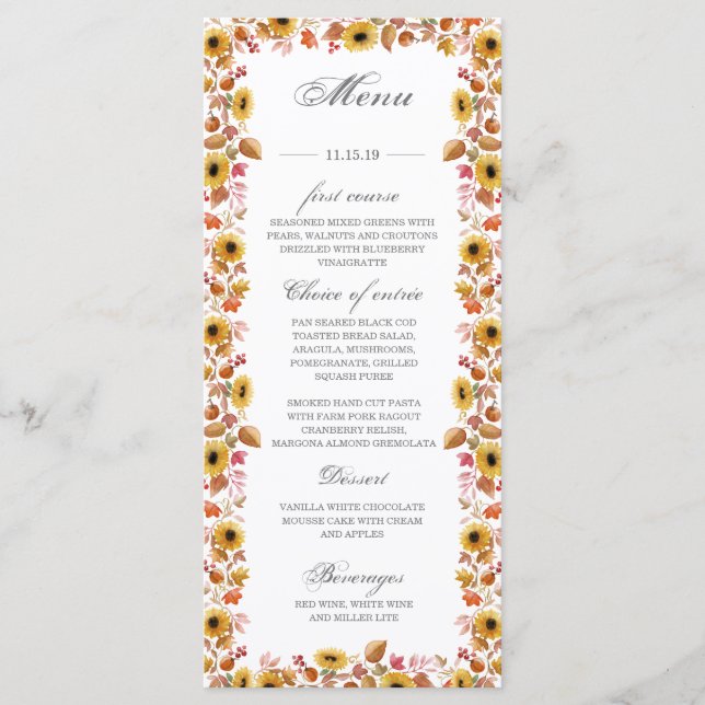 Carte de menu automnal aux tournesols aquarelle et (Devant)