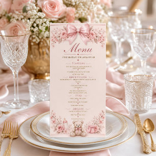 Carte de menu Baby Shower, Ourson au ruban rose Co