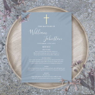Carte de menu baptême bleu poussiéreux avec feuill