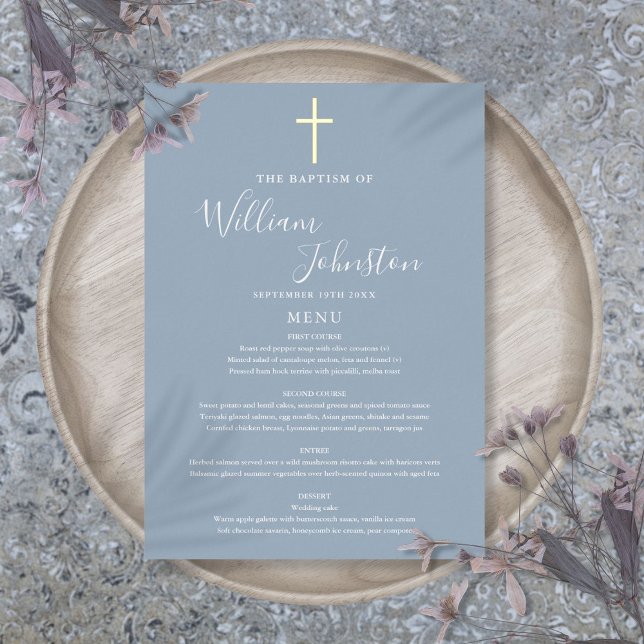 Carte de menu baptême bleu poussiéreux avec feuill (Dusty Blue Baptism Christening Gold Foil Menu Card)