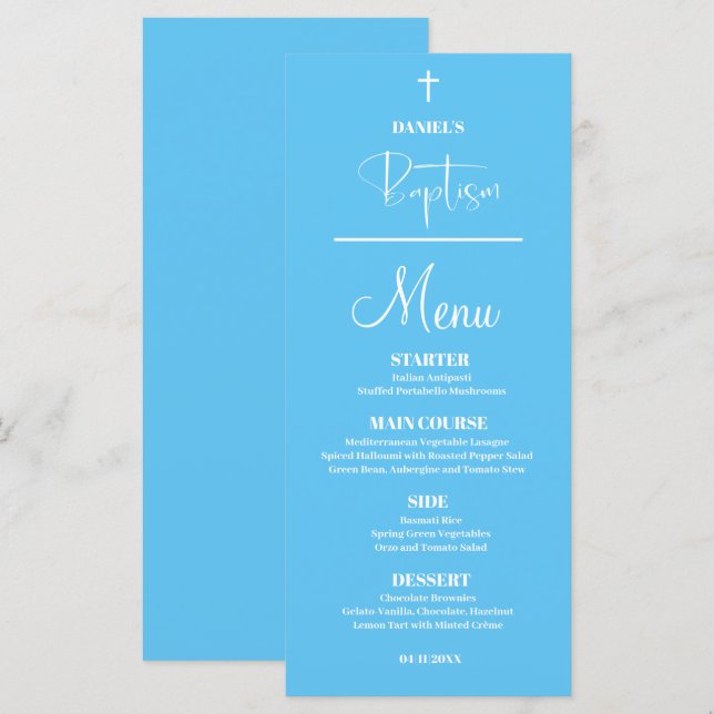 Carte de Menu Baptême Garçon Bleu 4x9 (Devant / Derrière)