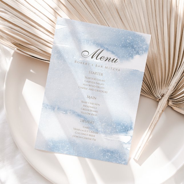 Carte de menu Bar Mitzvah aquarelle bleu poussiére (Dusty Blue Watercolor Bar Mitzvah Menu Card)
