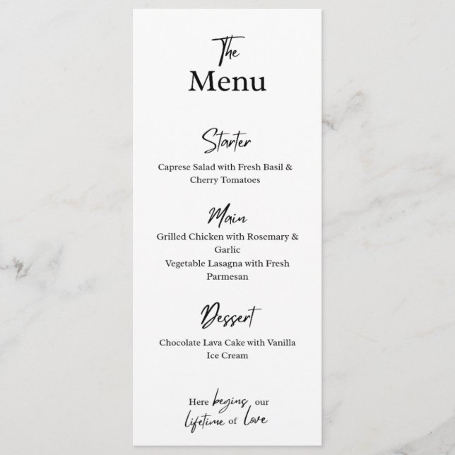 Carte de menu blanche personnalisée. Mariage, fête (Devant)