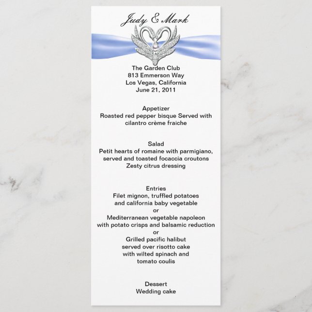 Carte de menu Bleu ruban Argent Swans (Devant)