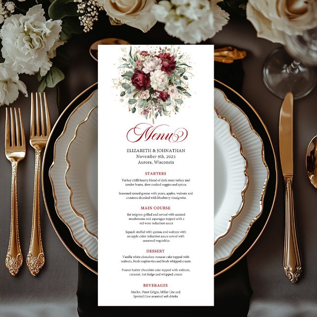 Carte de Menu Bohème Fleurie Rouge Profond Élégant (Stylish Deep Red Floral Boho Gold Menu Card)