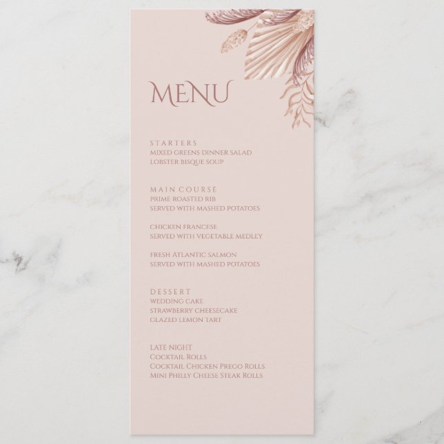 Carte de menu Boho Blush Pampas Grass Mariage (Devant)