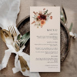 Carte de menu Boho Fleur sauvage Mariage<br><div class="desc">Complétez votre décor de boho mariage avec cette carte de menu fleur sauvage. Le design floral délicat ajoute un charme fantaisiste et rustique à votre journée spéciale. Objets correspondants dans notre collection Automne Elégance Automne Floral Mariage Collection - Cava Party Design</div>
