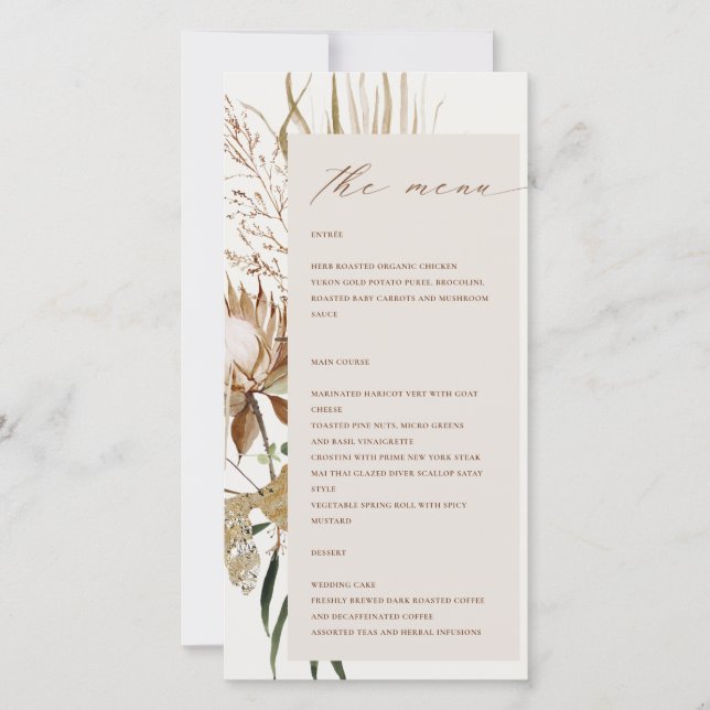 Carte de menu Boho Protea séché Palm Floral Mariag (Devant)