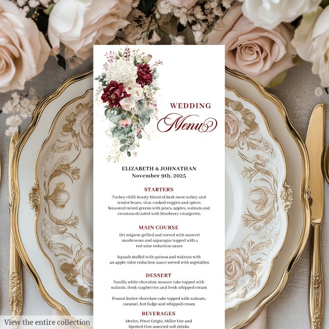 Carte de menu Boho rouge foncé or blanc mariage (Boho dark red white gold floral wedding menu card

)