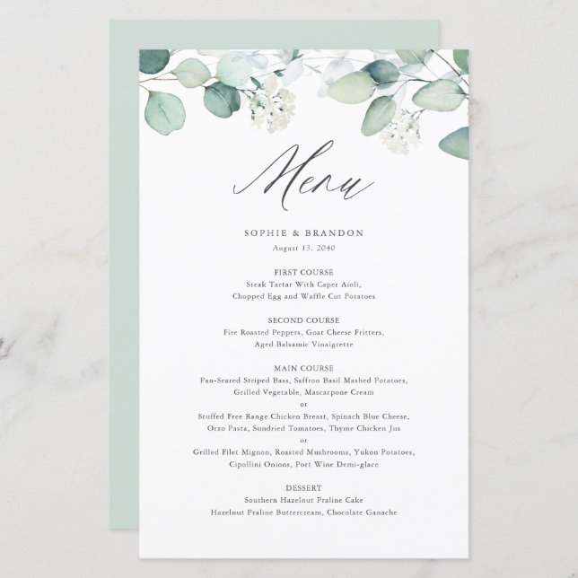 Carte de menu Boho Watercolor Eucalyptus Feuilles (Devant / Derrière)