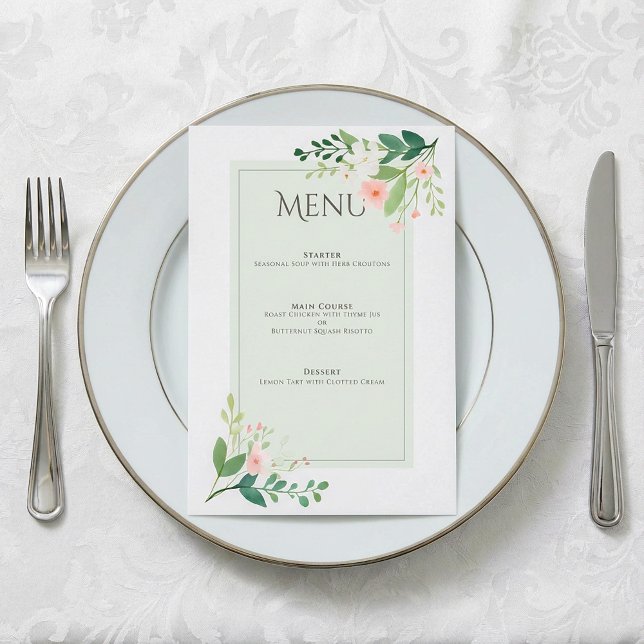 Carte de menu Botanique Mariage rose pâle (Botanical soft Pink Floral Wedding Menu Card.)