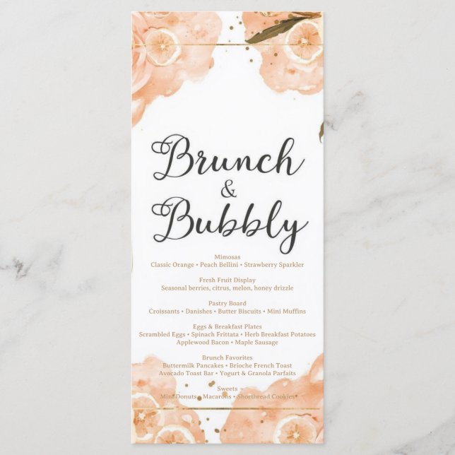 Carte de menu Brunch & Bubbly – Aquarelle pêche (Devant)