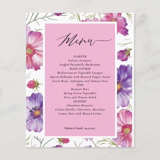 Carte de menu Budget Mariage floral violet et rose (Devant)