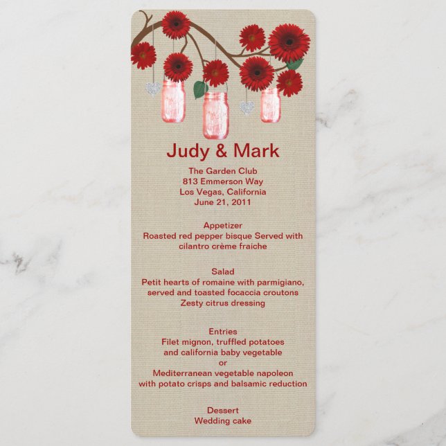 Carte de menu Burlap Rustic Red Mason Jars (Devant)