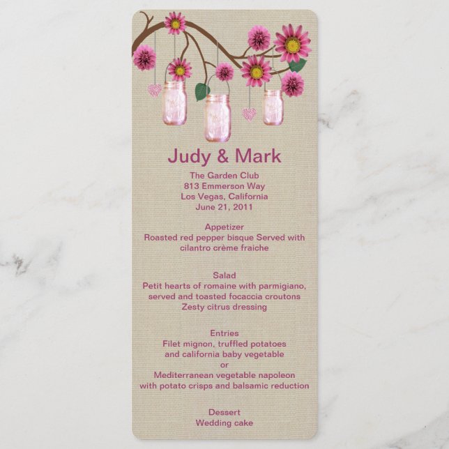 Carte de menu Burlap Rustique Rose Mason Jars (Devant)