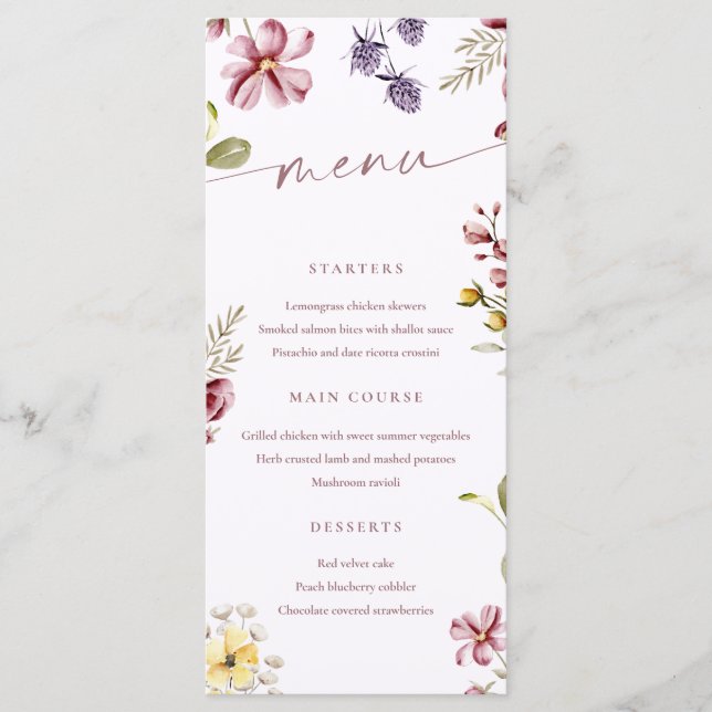 Carte de menu calligraphie fleurs sauvages (Devant)