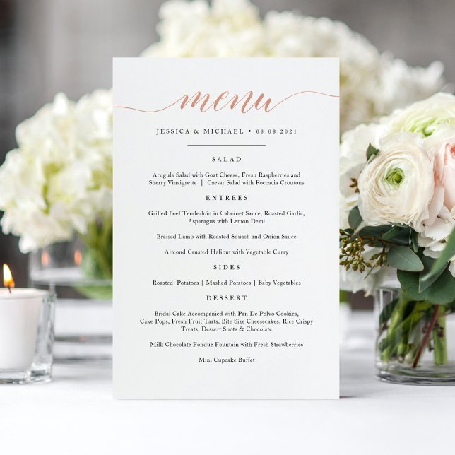 Carte de menu calligraphiée en or rose faux élégan (Créateur téléchargé)