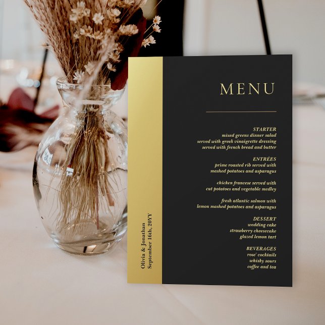 Carte de menu Chic Black and Shiny Mariage (Chic Black and Shiny Gold Wedding Table Menu Card)