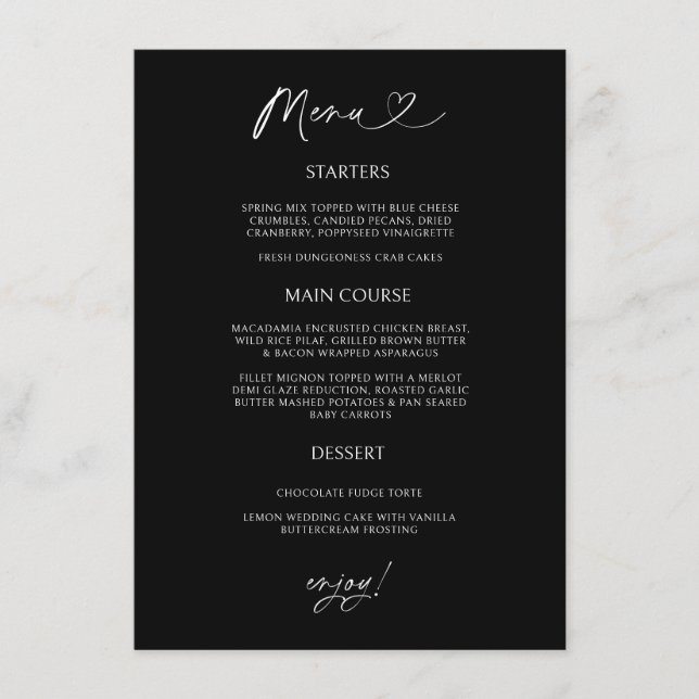 Carte de menu Chic Heart minimale pour réception d (Devant)
