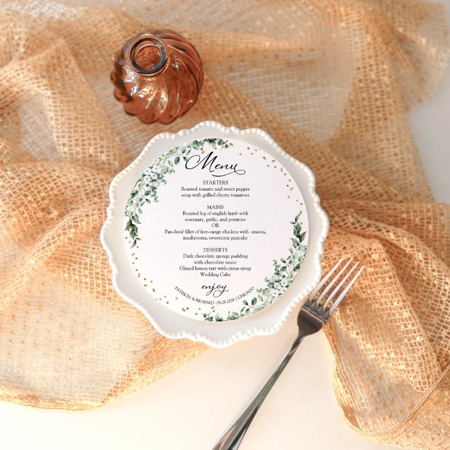 Carte de menu circulaire de mariage verdoyant (Créateur téléchargé)