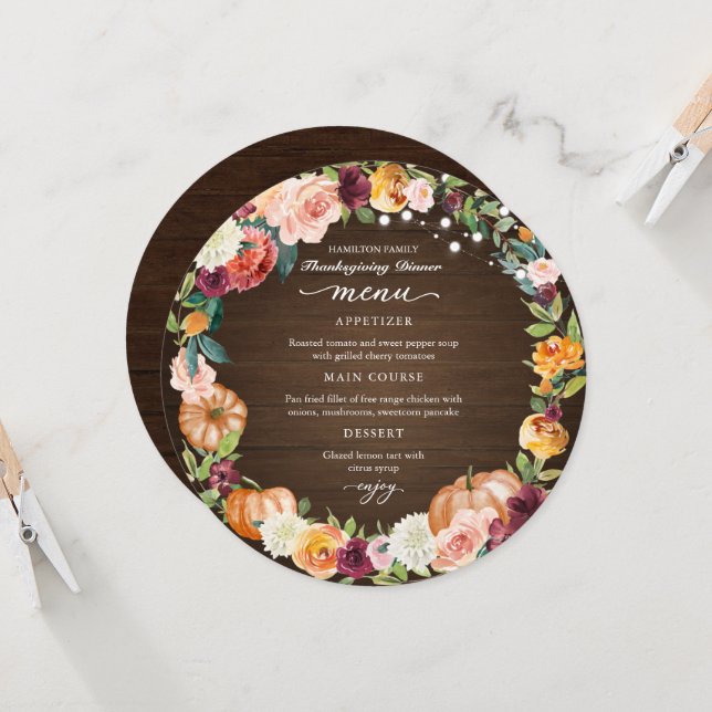 Carte de menu circulaire pour le dîner de Thanksgi (Devant/Arrière en situation)