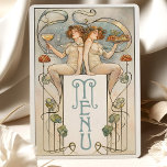 Carte de menu classique Mariage Art Nouveau Figura<br><div class="desc">Cette carte de menu mariage d'inspiration Art Nouveau apporte une touche d'élégance vintage à tout événement. L'avant présente l'illustration de deux personnages gracieux, de style classique, tenant un festin et un verre, symbolisant l'abondance et la célébration. Des lignes délicates et des motifs floraux dans des tons doux turquoises, pêche et...</div>