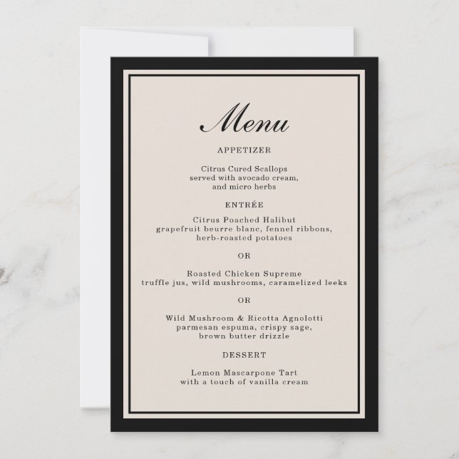 Carte de menu classique pour mariage en noir tie (Devant)