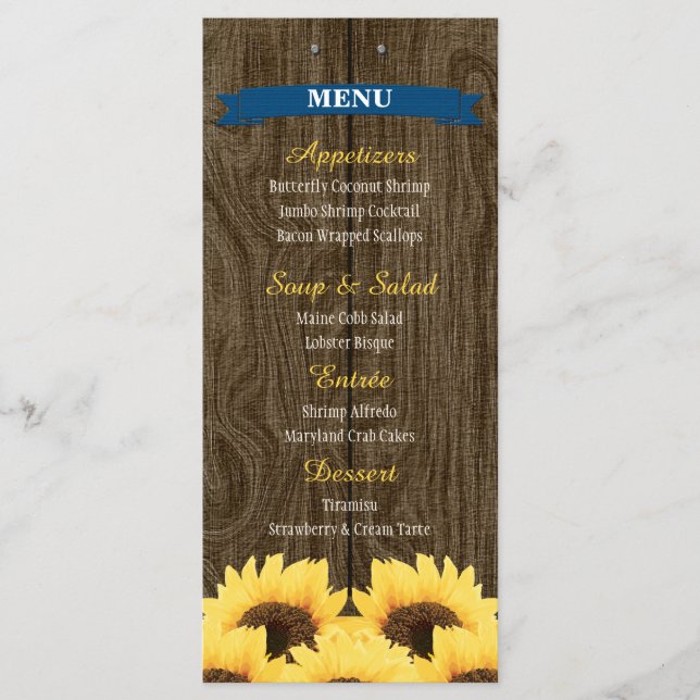 CARTE DE MENU COBALT BLEU RUSTIC SUNLOWER (Devant)