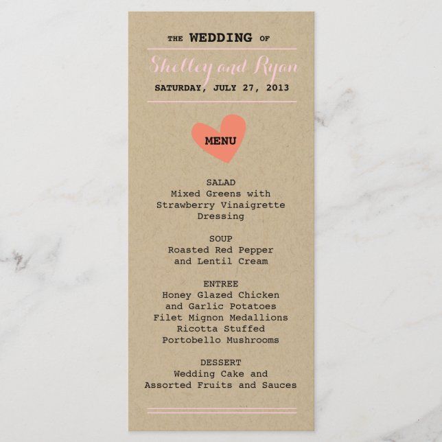 Carte de menu Coeur simple (Devant)