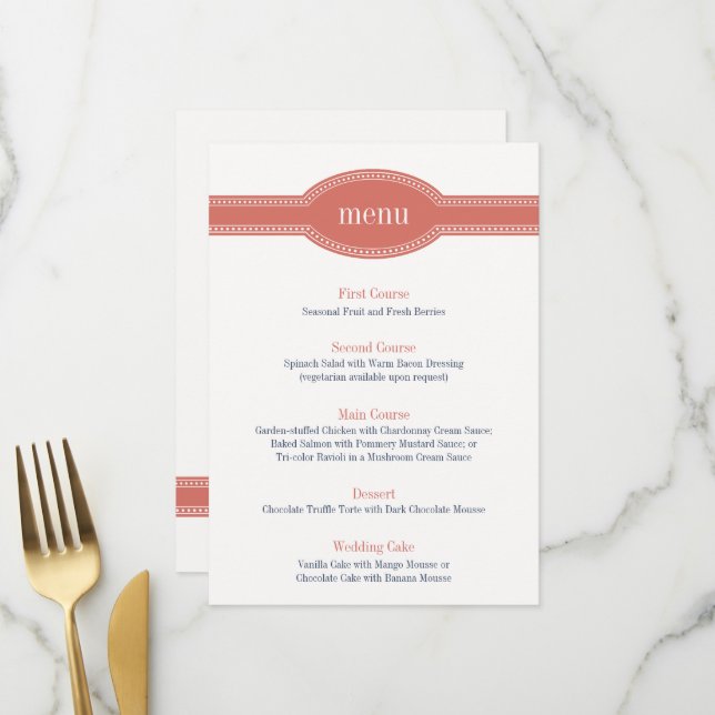 Carte de menu Coral, Collection Mariage Caroline (Devant/Arrière en situation)
