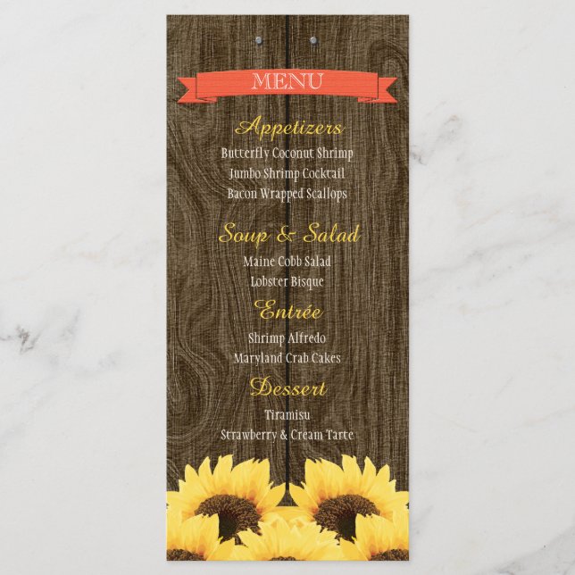 CARTE DE MENU CORAL RUSTIC SUNFLOWER (Devant)