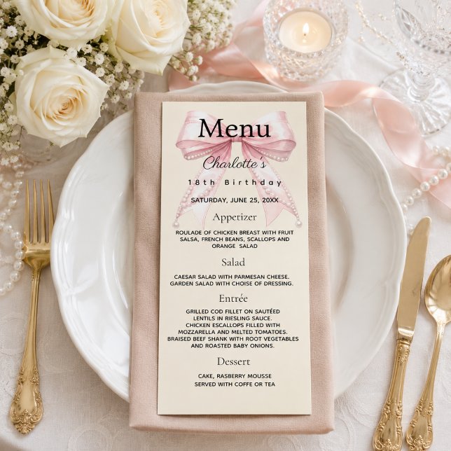 Carte de menu d'anniversaire avec ruban rose et fo (Créateur téléchargé)