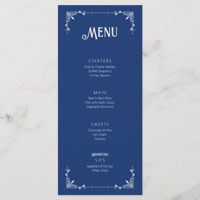 Carte de menu d'anniversaire bleu vintage à plat (Devant)