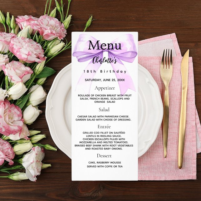 Carte de menu d'anniversaire de l'arc de lavande (Créateur téléchargé)
