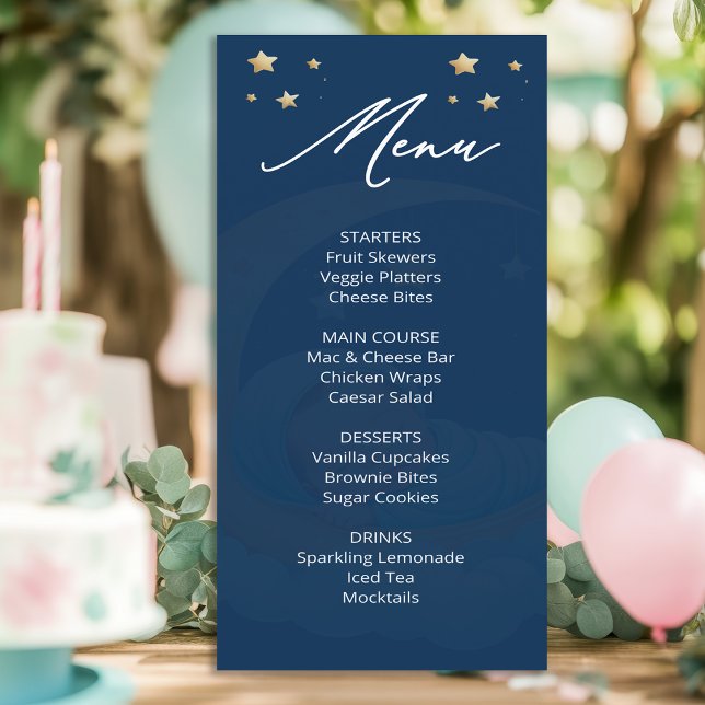 Carte de menu de Baby Shower Céleste Lune Étoiles  (Créateur téléchargé)