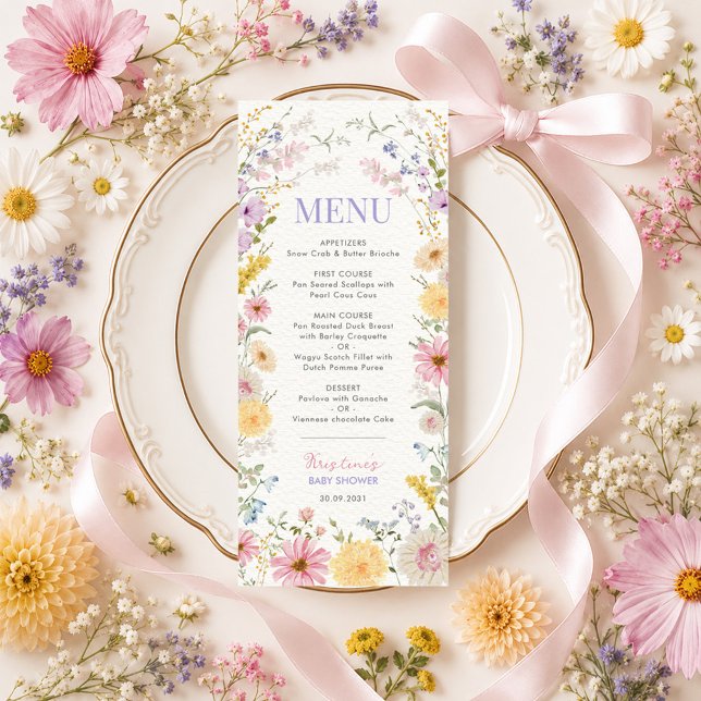 Carte de menu de baby shower pour élégante florais (Créateur téléchargé)