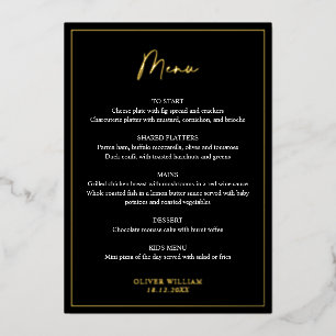 Carte de menu de baptême en noir, blanc et feuille