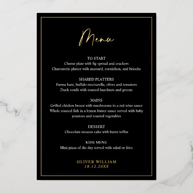 Carte de menu de baptême en noir, blanc et feuille (Recto)