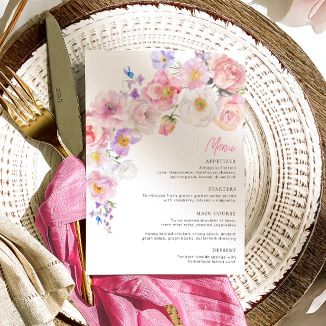 Carte de menu de bapteme floral rose Eloise (Créateur téléchargé)