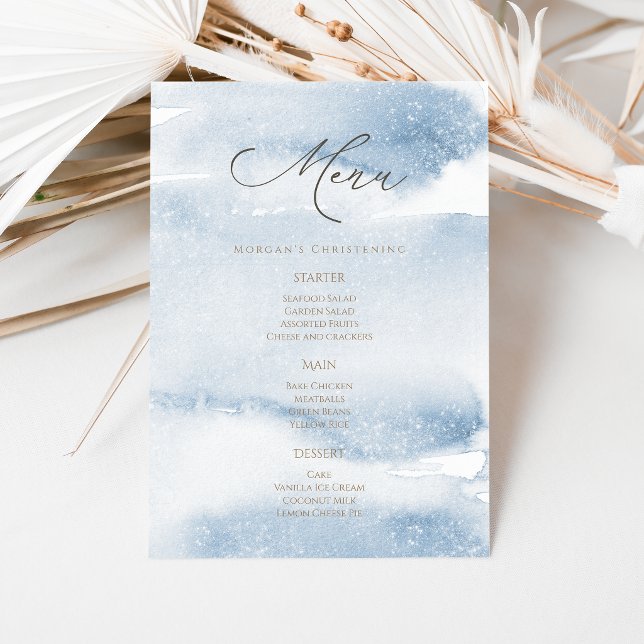 Carte de menu de baptême garçon aquarelle bleue (Blue Watercolor Boy Christening Menu Card)