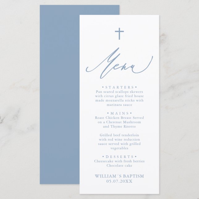 Carte de menu de baptême garçon Bleu Poussiéreux e (Devant / Derrière)