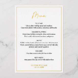 Carte de menu de baptême garçon noir, blanc et or