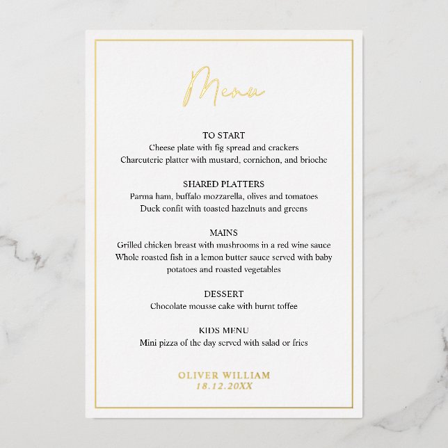Carte de menu de baptême garçon noir, blanc et or  (Recto)