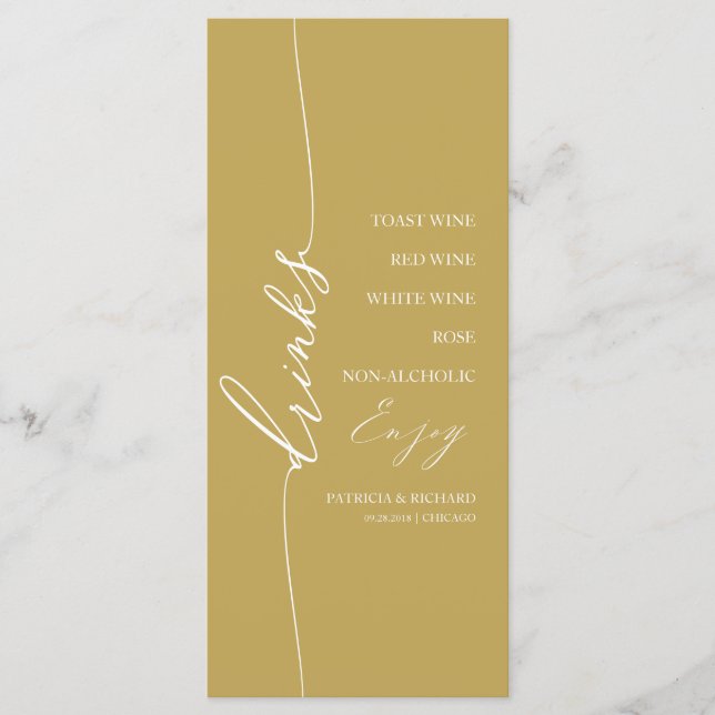 Carte de menu de boisson de mariage en or élégant  (Devant)