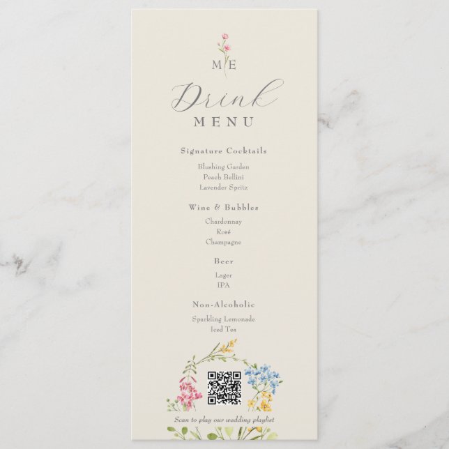 Carte de menu de boissons de mariage QR Wildflower (Devant)