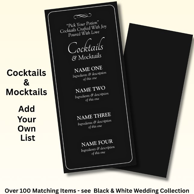 Carte de menu de cocktails - Noir Blanc Infini  (Créateur téléchargé)