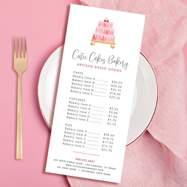 Carte de menu de dessert de gâteau aquarelle rose  (Créateur téléchargé)