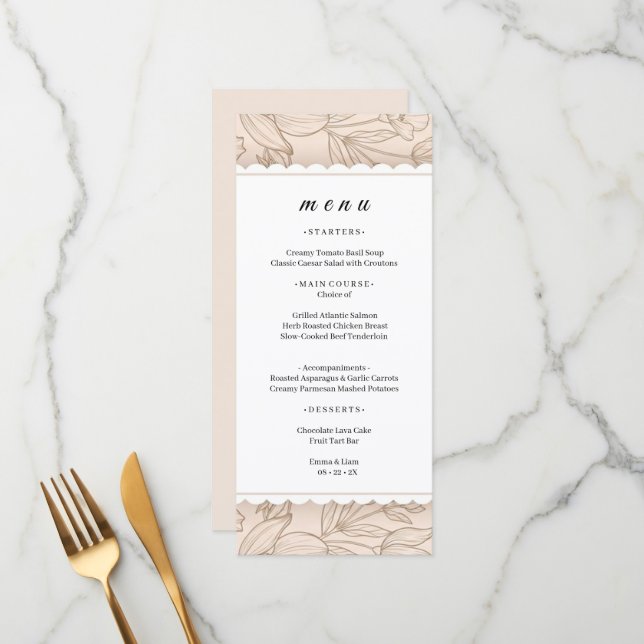 Carte de menu de dîner à bordure festonnée botaniq (Devant/Arrière en situation)