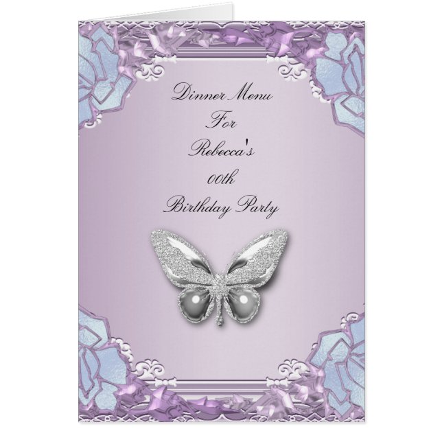 Carte de menu de dîner Argent Lilas Mauve Papillon (Devant)