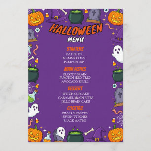 Carte de menu de dîner de fête Halloween violette